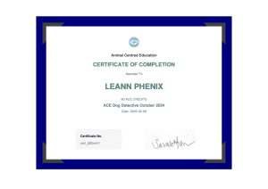 Animal Centered Education Certificate of Completion awarded to Leann Phenix