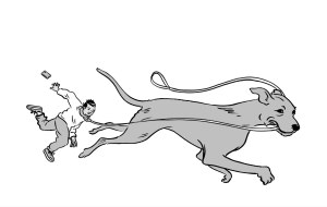 Illustration of a giant dog dragging a human by the leash