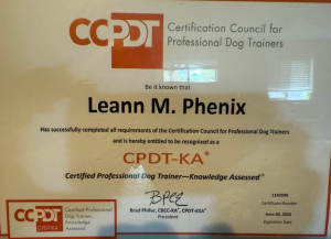 Photo of a certificate showing Leann M Phenix is a CPTD-KA